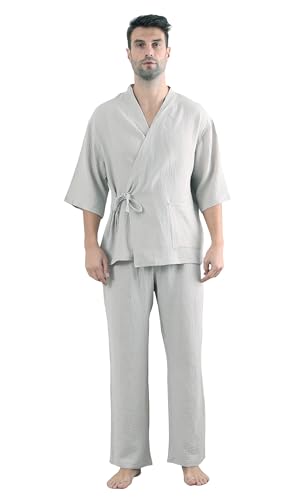Mens Pajama Sets Kimono 2 Piece PJ Set Stylish Cotton Bathrobe Pajamas Casual Clothes Sleepwear with Pants for Lounge