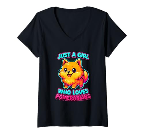Women's Just a Girl Who Loves Pomeranian Dog Lover Girls Women V-Neck T-Shirt