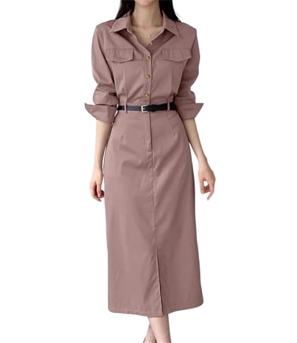 Women Spring Elegant Solid Color Midi Dress Office Casual Lapel