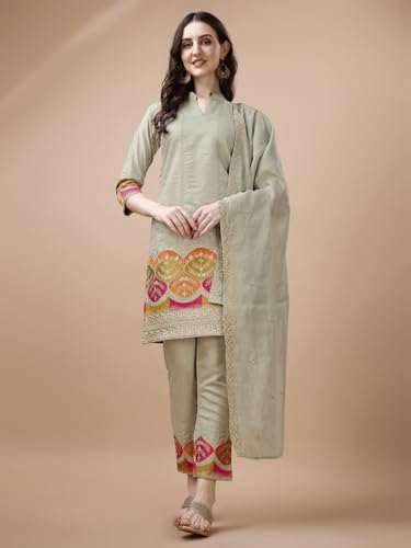 Image of Granthva Fab Women's Chanderi Silk Embroidered Straight Kurta with Palazzos and Dupatta