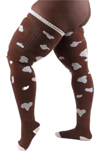 Image of Thunda Thighs Plus Size Thigh High Socks, Over the Knee High Boot Stockings Leg Warmers, Extra Long & Thick Socks Cow Print (Print Tan)