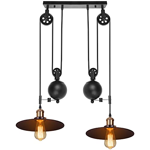 iDEGU 3 Lampes Lustre Industrielle Suspension Luminaire Vintage Plafonnier avec Poulie en Métal Lampe de Plafond Barre, Ø 26cm, Noir (Système de poulie - 2...