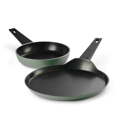 TRAMONTINA Aura Cookware Set of 2- Frypan 20cm, Dosa tawa 28cm | Reinforced Ceramic Non-Stick Cookware | Quick & Even Heating | Low-Oil Cooking | Bakelite Handle | Induction & Gas | Sea Green