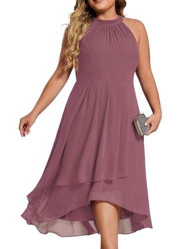 Image of Ever-Pretty Plus Women's Sleeveless Halter A Line Pleated High Low Plus Size Wedding Guest Cocktail Dresses 31926-DA