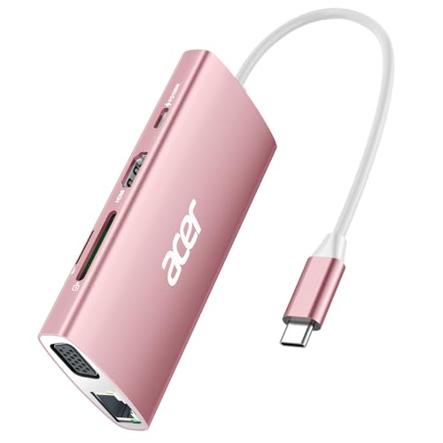 Acer 9-in-1 USB C Docking Station with 4K HDMI, USB C to Ethernet Adapter, 5Gbps USBA 3.0 Hub, VGA Splitter, SD Card Reader, PD 100W Charging for MacBook, Acer, Laptops, Surface and More (Pink)