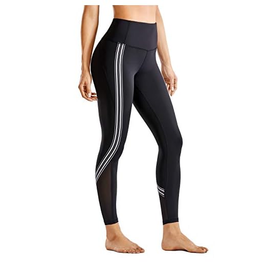 CRZ YOGA Mujer Leggings a Raya de Cintura Alta 7/8 Pantalon Yoga Deportivos con Malla- 61cm Negro 40
