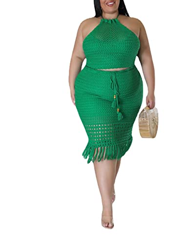 Image of Women Plus Two-Piece Skirt Set Tassel Fishing Net Knittin Hollow Out Off Shoulder Beach Dresses Swimsuit Cover Ups