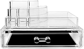 Acrylic Countertop Storage Makeup Organizer - Womens Nail polish make up brushes lipstick cosmetic brush jewelry holder with spacious bottom drawer counter display container for any vanity great gift!