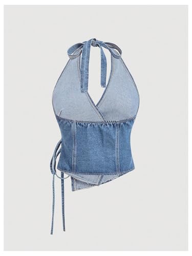 MakeMeChic Women's Halter Denim Top Wrap Asymmetrical Backless Fitted Y2K Crop Tops2