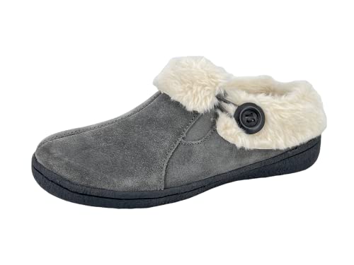 Clarks Womens Suede Leather Slipper with Gore and Bungee JMH2213 - Warm Plush Faux Fur Lining - Indoor Outdoor House Slippers For Women (6 M US, Grey)