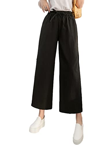 Women's Casual Cropped Pants Elastic Drawstring High Waist Wide Leg Work Pants with Pockets