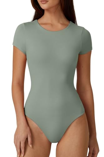 Image of QINSEN Women's Crew Neck Short Sleeve Bodysuit Double Lined Body Suits Basic T-shirt Tops