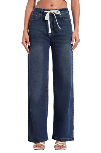Allimy Womens Drawstring High Waist Wide Leg Jeans Straight Leg Washed Denim Jeans Pants2