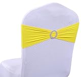 MDS Pack of 10 Spandex Chair Sashes Bow Premium Stretch Chair Cover Band with Buckle Slider Universal fits Elastic Dining Chair Ties for Wedding Party Banquet Events Decoration - Yellow