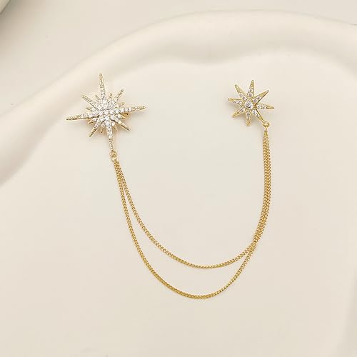 Image of Gold Crystal Star Chain Tassel Brooch Pin for Women Men,Glitter Rhinestone Lapel Pins Dress Suit Accessories,Silver Wedding Anniversary Fringe Brooch