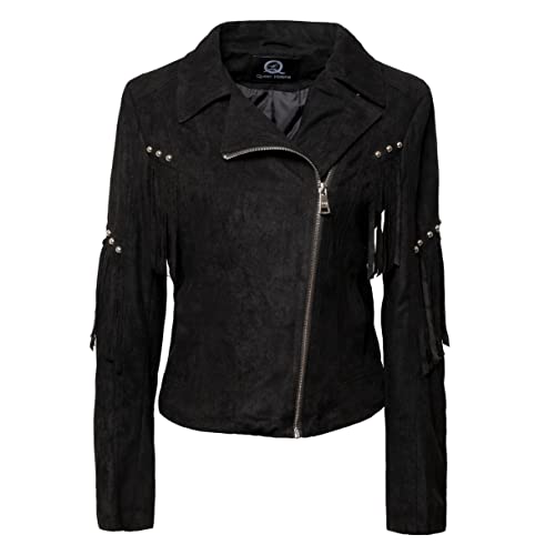 QUEEN HELENA Wildlederjacke mit Fransen, kurze Nieten, Bikerjacke, lässig,...
