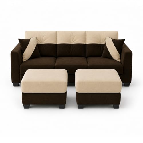 Image of Revola 5 Seater L Shape Sofa Set with 2 Movable Ottomans | Flexible Layout | Luxury Velvet Suede Fabric | Modern Living Room Sofa | Dark Brown-Cream