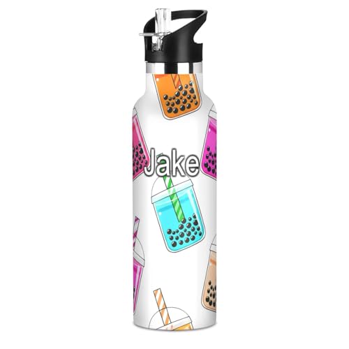 Botella de agua personalizada para niños para la escuela, botella personalizada de 20 onzas para niños y niñas, sin BPA, lindo té de burbujas de dibujos animados, blanco