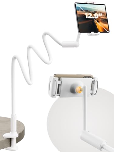 SAIJI Gooseneck Tablet Holder for Bed, One-Hand Adjustable, 47" Length, Upgraded Base, iPad Holder Stand Flexible Lazy Arm, Compatible with iPad/iPhone/Kindle/Switch or Other 4.7-13" Device (White)
