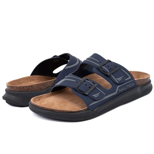 Image of Nautica Men's Sandals - Casual Slides with 2 Adjustable Buckle Straps and Cork Footbed for Ultimate Comfort and Style (Regular /Wide Width, Big Size)