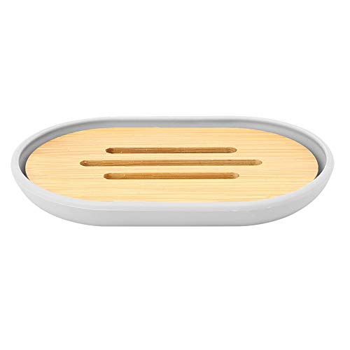 AYNEFY Juego de 6 Accesorios de Baño Modernos Dispensador de Jabón Soporte para Cepillo de Dientes Jabonera Vaso Soporte para Cepillos de Baño Cubo de Basura, Bambú PP (Gris)