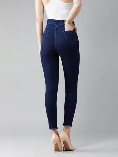 Image of Miss Chase Women's Skinny High Rise Cropped Fringed Hemline Detailing Stretchable Denim Jeans