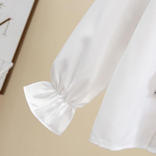 Girls Bowknot Neck Button Down Shirt Pearl Decor Ruffle Long Sleeve Lapel Collar Blouse School Uniform Tops for 3-13 Years3