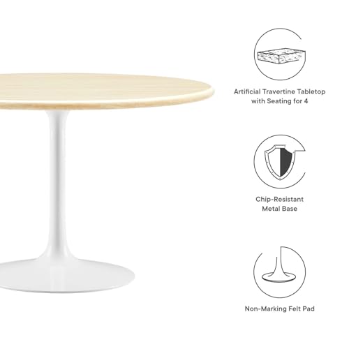 Image of Modway Lippa 48 inch Round Artificial Dining Table with Tapered, Metal Base, White Travertine