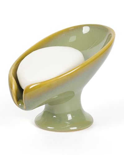 Soap Dish, Self Draining Bar Soap Holder for Bathroom Sink, Leaf Shaped Drainage Ceramic Olive Green Porcelain Decorative Soap Dish, No Suction Cup, ANTIS'S HOME