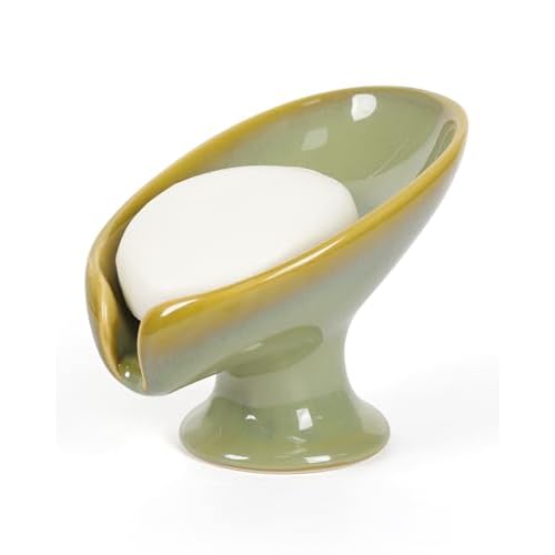 Soap Dish, Self Draining Bar Soap Holder for Bathroom Sink, Leaf Shaped Drainage Ceramic Olive Green Porcelain Decorative Soap Dish, No Suction Cup, ANTIS'S HOME 1pcs-olive Green