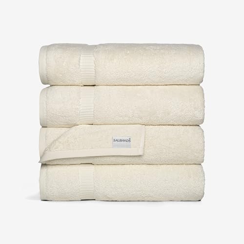 SALBAKOS 100% Turkish Cotton Bath Towel Set of 4, 27x54 inch | Premium Quality | Hotel & Spa Collection | Ultra Soft, Super Absorbent, Long Lasting Bath Towels | Made in Turkey (Ivory, 4 Bath Towels)