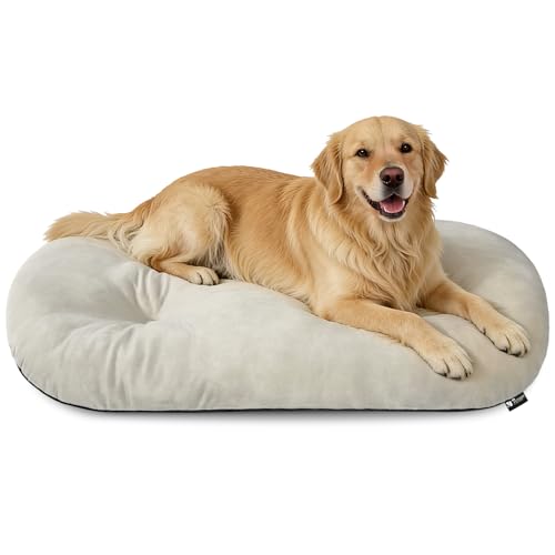 Image of Washable Oval Dog Bed forX-Large Dogs,Silver-Tipped High-Resilience,Beige | Non-Slip Bottom Prevents Sliding, Soft Plush Short Fur, Machine Washable, Ideal for Crates /Apartments /Cozy Nooks,41 inchx27 inchx3.6 inch