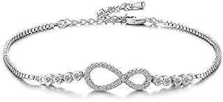 Silver Bracelet for Women, Sterling Silver Infinity Bracelet Cubic Zirconia Charm Adjustable Bracelets, Silver Jewellery Birthday Christmas Gifts for Women Girls Men