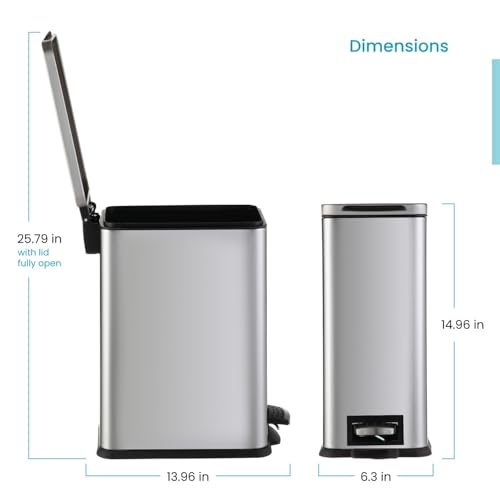 Image of Home Zone Living 3 Gallon Small Trash Can with a Lid and Step Pedal, Stainless Steel with Slim Design for Home and Office, Silver, 10 Liters