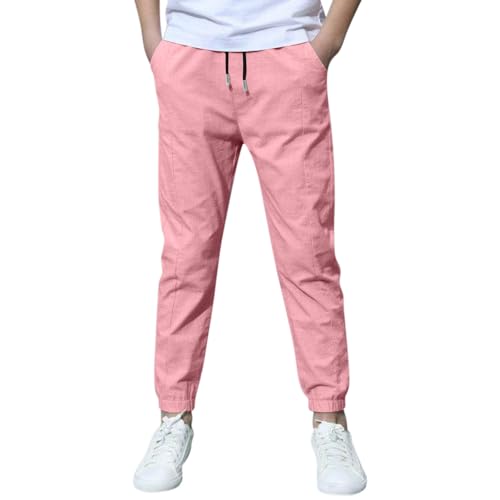 Boys Straight Uniform Pants Thin Cuff Elastic Waist Plain Long Trousers with Pockets Kids Pull on Casual Trousers