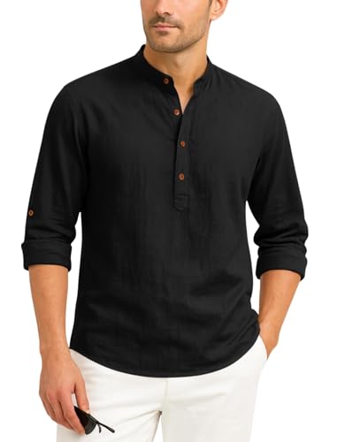 Image of Zombom Men's Cotton Blend Kurta Shirt with Full Sleeves Mandarin Collar Neck Solid Pattern for Men Regular Fit Ethnic Wear Casual Festive Top Modern Style | Cotton Shirt for Mens