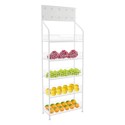5-Tier Retail Candy Display Racks, Metal Display Snacks Rack with 10 Hooks Removable Large bread Organizer Stand, Sturdy Snack Shelf Rack, Utility Shelve for Stores,Office (White, Adjustable Feet)