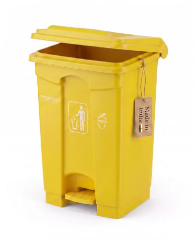Image of pedal dustbin with lid, heavy duty plastic garbage bin, hands-free step-on waste bin for kitchen, office, home, hotel, bathroom & outdoor use (Mango Yellow, 65 Liters)