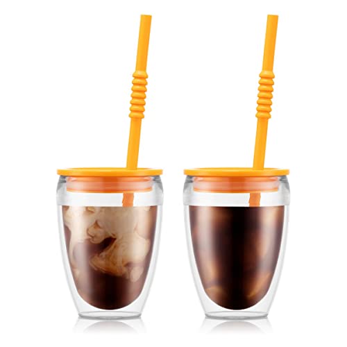 BODUM K11849-449SA-449-Y21 PAVINA TO GO Set 2 gobelets double paroi plastique, avec couvercle hermétique et paille silicone, 30 cl