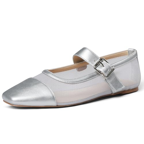 Women's Black Flats Mesh Mary Janes Square Toe Shoes Buckle Ankle Strappy Comfort Walking Flats