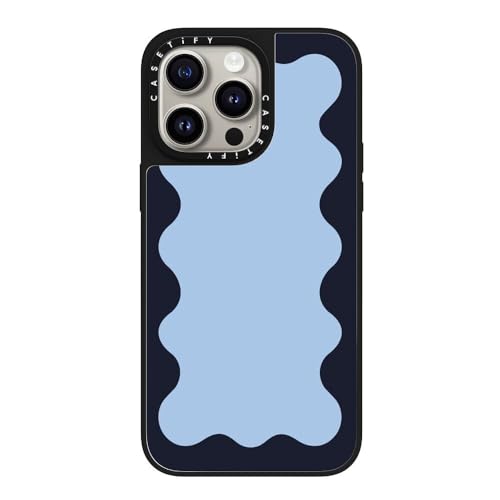 CASETiFY Magsafe �Ή��~���[ iPhone 15 Pro Max �P�[�X [���ː� / 1.5m����̗����������N���A / Magsafe �ɑΉ�] - Blue Background Wavy Border - �V���o�[ (�u���b�N�o���p