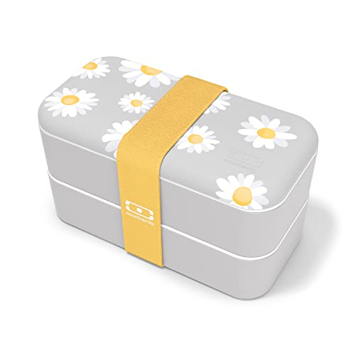 monbento - Bento Box MB Original Daisy with Compartments - Yellow Daisy Flowers Pattern - 2 Tier Leakproof Lunch Box for Work/Lunch Packing/Meal Prep - BPA Free - Food Grade Safe - Grey
