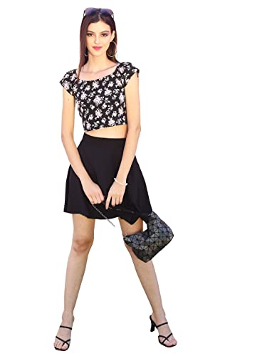 Image of Sera Women's Floral Print Black Viscose Rayon A-Line Casual Mini Skirt