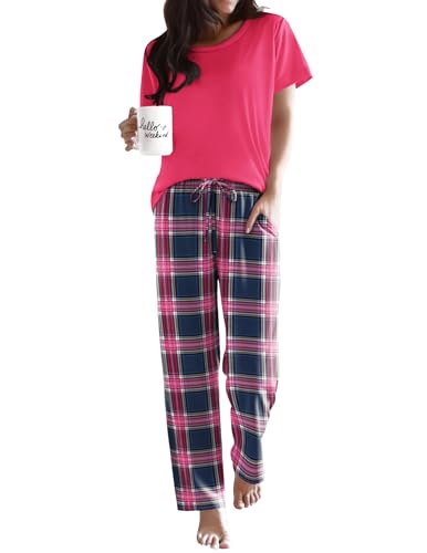 Image of Ekouaer Pajama Sets for Women Round Neck Pjs Short Sleeve Sleepwear with Long Pants Loose Lounge Sets
