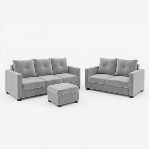 Image of FURNY Amonster 3 Seater + 2 Seater Fabric Sofa Set with 1 Ottoman (Light Gray) with Velvet Finish | Durable Comfort | Ideal for Living Room