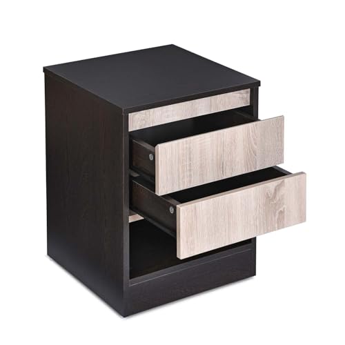 Image of Nilkamal Riva Night Stand | Wooden Bed Side Table with 2 Drawers and an Open Shelf | Multipurpose End Table for Bedroom, Living Room | Wenge & Sonoma Oak