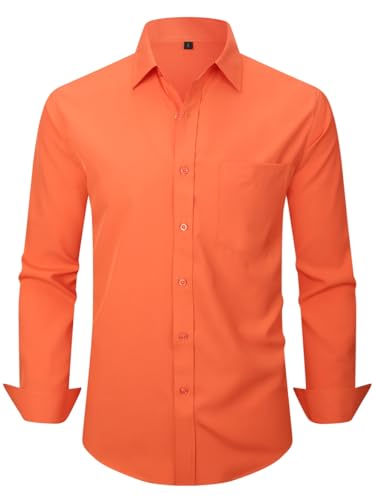 corfty Men Long Sleeve Dress Shirt - Regular Fit Stretch Free-Wrinkle Casual Button Down Shirt (Orange Large)