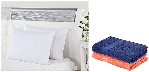 Image of Amazon Brand - Solimo Cotton 2 Piece Bath Towel Set, 380 GSM (Twilight Blue, Coral Pink) Microfibre & Polyester 2-Piece Bed Pillow Set - 40 x 60 cm, White