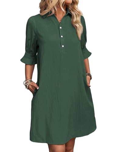 Image of FENSACE Womens Casual Shirt Dress Ruffle Sleeve Button Down Shift Summer Dresses with Pockets