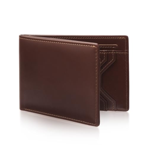 bifold leather wallets for men rfid blocking,slim mens minimalist wallet 8 card slot with 1 ID window（coffee）